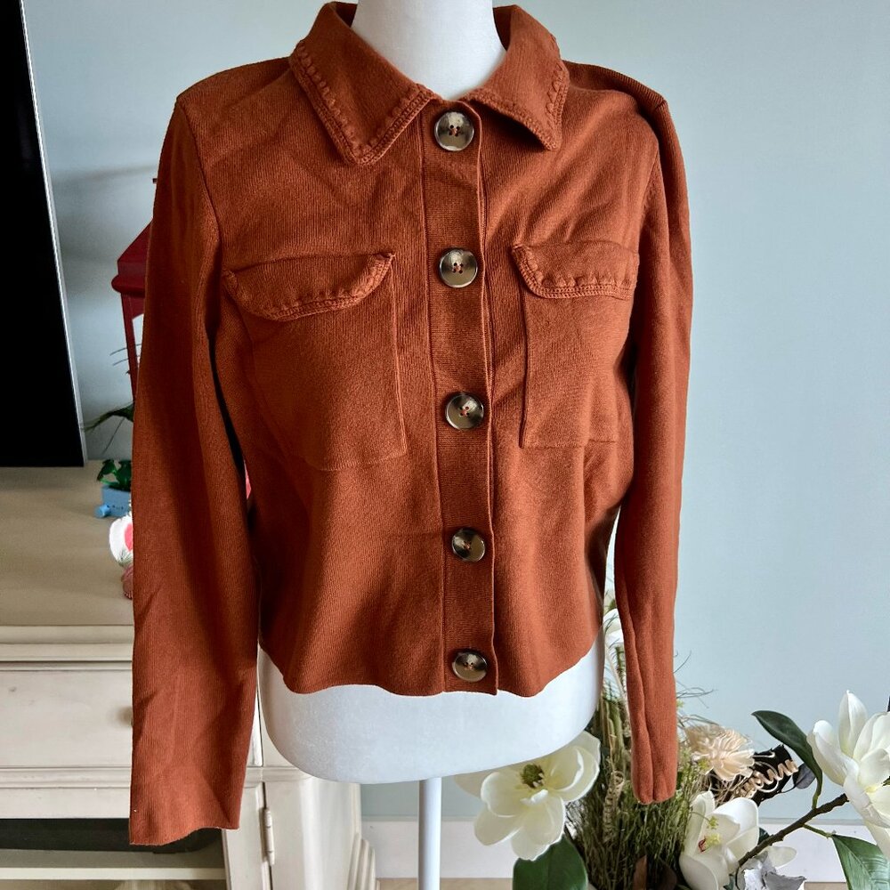Stylish Cropped Button-Up Sweater \ Cardigan Burnt Orange | Rust M
